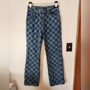 Ragged Jeans Checkered Blue High Waisted Straight Leg Jeans Size 28